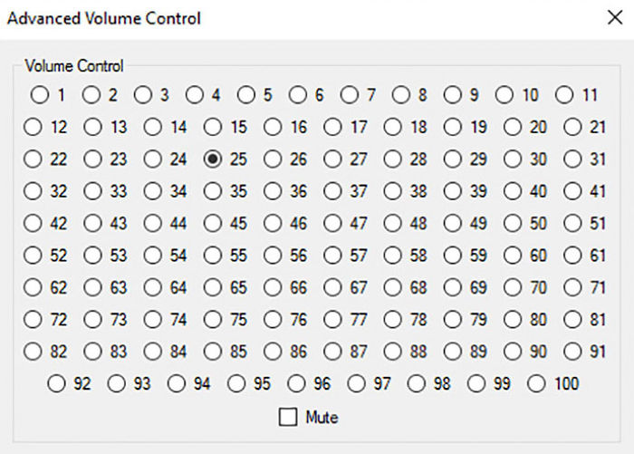An Advanced Volume Control dialog offering a hundred individual radio buttons, one for each volume level