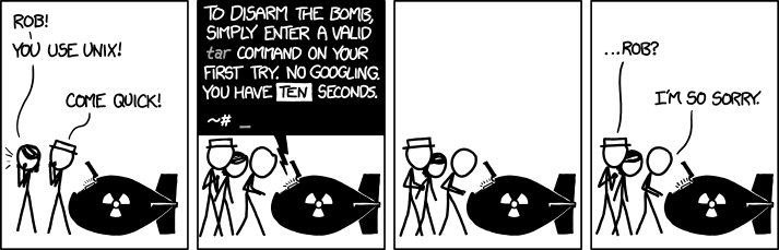An xkcd comic in which two figures are told to disarm a bomb by typing a valid tar command from memory in ten seconds, and fail