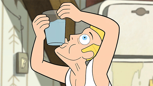 An animated cartoon of a man repeatedly missing his mouth as he tries to drink from a glass held above his head