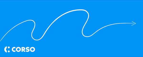 The Corso logo beside a looping white line that straightens into a forward arrow, on blue